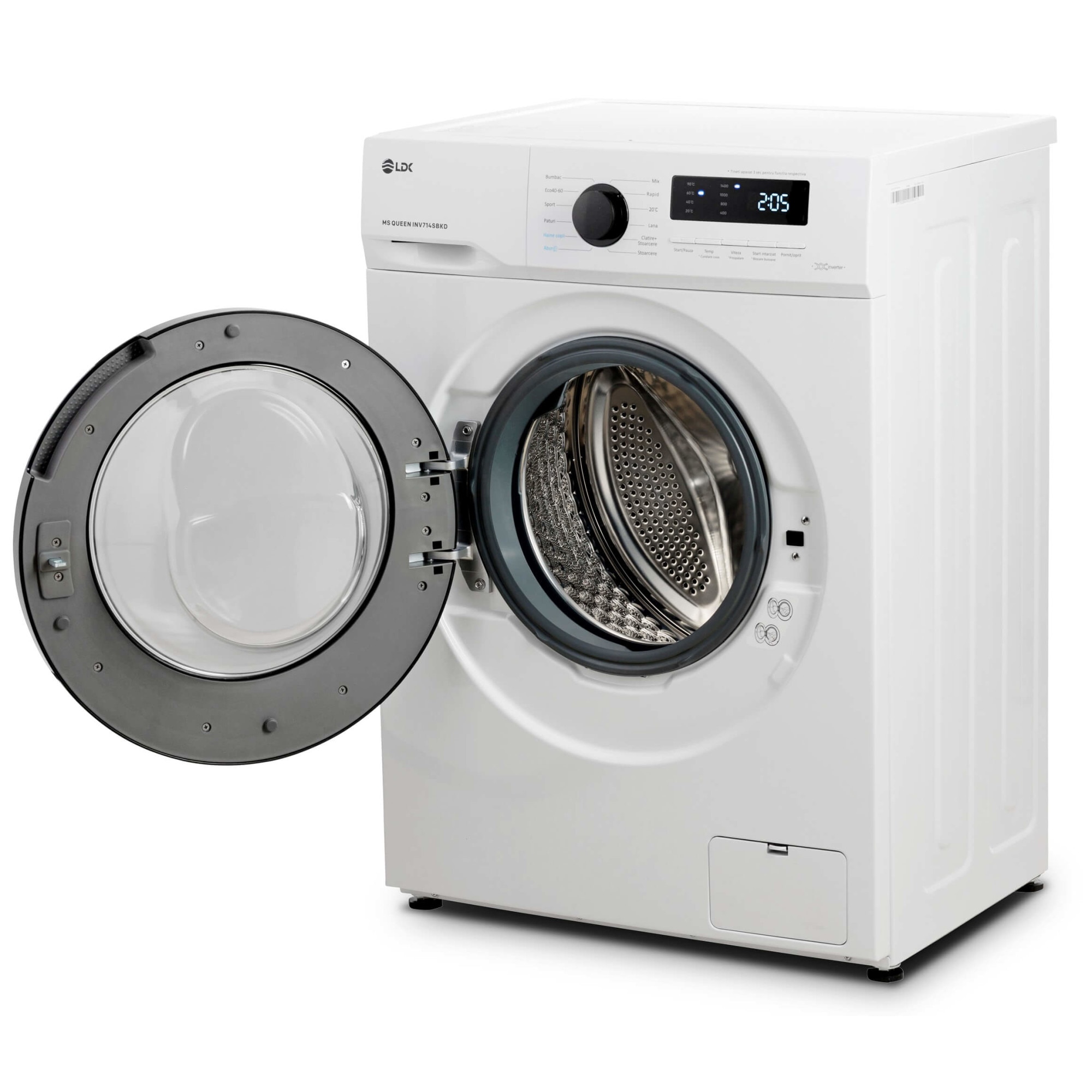 Masina de spalat rufe LDK Queen INV714SBKD, 7 Kg, Clasa A, 1400 rpm, Steam, Amanare pornire, DrumClean, Motor Inverter, Alb