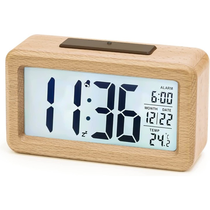 FentClock, fa ágy melletti digitális ébresztőóra LCD kijelzővel, hőmérséklet, szundi funkció, fényerő érzékelő