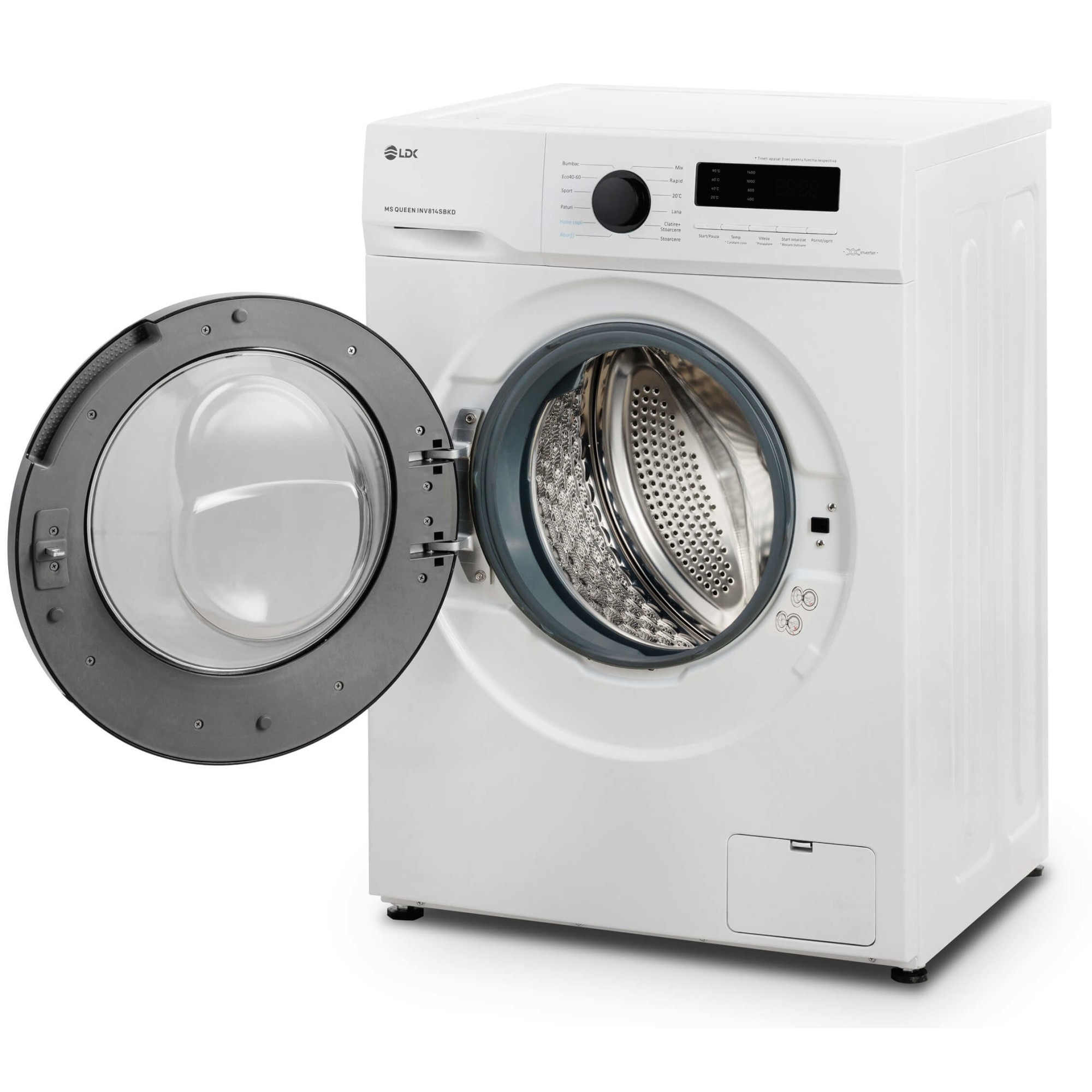 Masina de spalat rufe LDK Queen INV814SBKD, 8 Kg, Clasa A, 1400 rpm, Steam, Amanare pornire, DrumClean, Motor Inverter, Alb