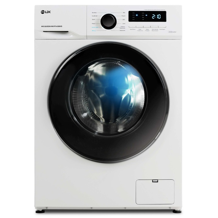Masina de spalat rufe LDK Queen INV914SBKD, 9 Kg, Clasa A, 1400 rpm, Steam, Amanare pornire, DrumClean, Motor Inverter, Alb