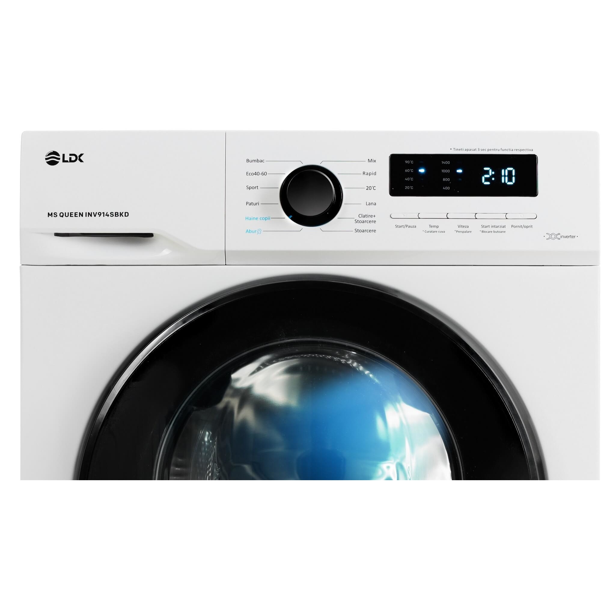 Masina de spalat rufe LDK Queen INV914SBKD, 9 Kg, Clasa A, 1400 rpm, Steam, Amanare pornire, DrumClean, Motor Inverter, Alb
