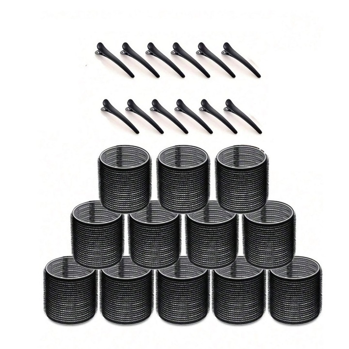 Bigudiuri de par tip Jumbo Rollers, set de 12 bucati de rulouri mari pentru volum si 12 cleme, potrivit par mediu sau lung, culoarea negru, The Casius.®