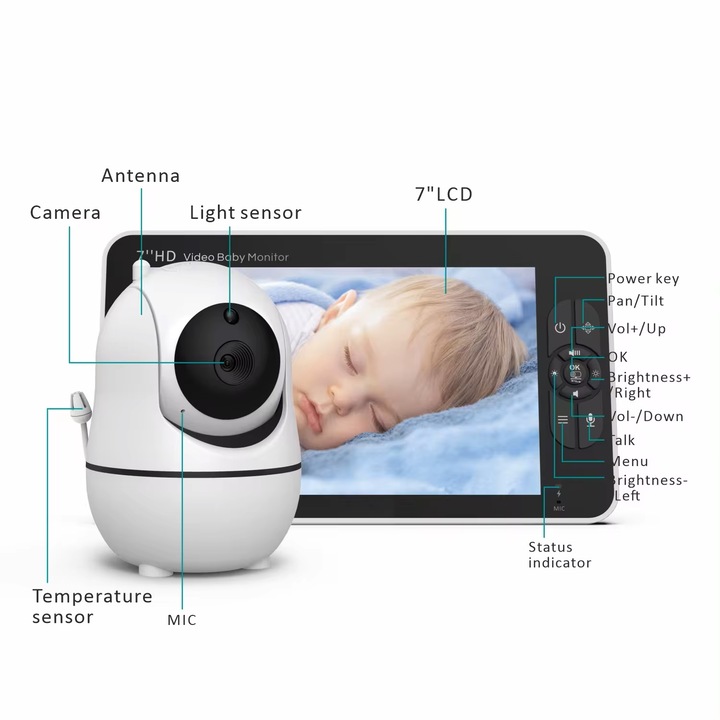 Babafigyelő Wireless BabyView™ Angel LCD XXL 7", videó/audio monitorozás, 4000 mAh akkumulátor, kétirányú kommunikáció, éjszakai látás, hatótávolság 300 m, hőmérsékletfigyelő, altatódalok, VOX funkció, push to talk, fekete