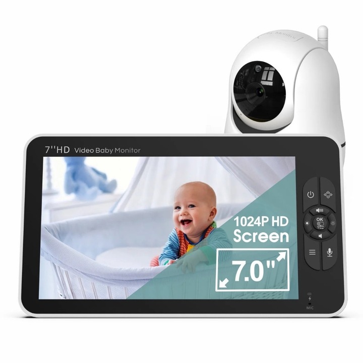 Бебефон Безжичен BabyView Angel Display LCD XXL 7", Видео/Аудио наблюдение, Батерия 4000 mAh, Двупосочна комуникация, Нощно виждане, Обхват 300 м, Температурен монитор, Приспивни песни, VOX функция, Push to Talk, Черен