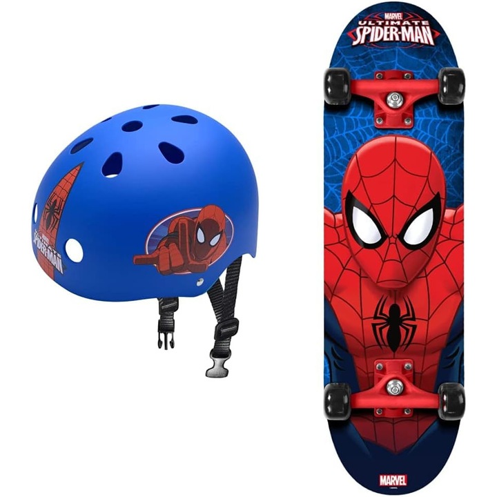 Set Skateboard Copii, 70 x 20cm, 9 straturi de artar, placa antiderapanta, rulmenti Abec-5 si casca de protectie, multicolor, Spiderman