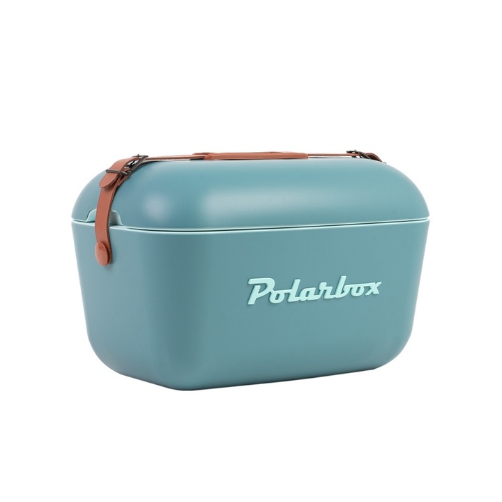 Хладилна кутия Polarbox, Classic, капацитет 20 литра, ретро дизайн, запазва напитките и храната студени, идеален за пикник/плажове/туризъм, херметично затваряне, кожена каишка, син