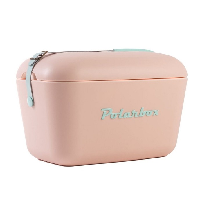 Cutie frigorifica Polarbox, Pop, capacitate 12 litri, design retro, mentine bauturile si mancarea rece, ideal pentru picnic/plaja/drumetie, inchidere ermetica, bareta din piele, roz pastel