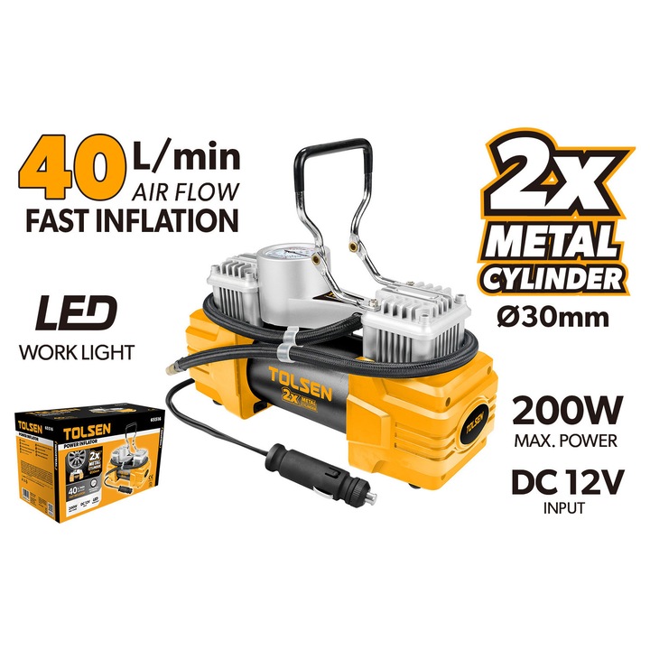 Compresor auto TOLSEN 2 cilindri, 200W, 100 PSI, Debit 40 L/min, Furtun 77 cm, Cabluri 2.75 m, LED, Adaptoare incluse, Umflare rapida, Motor cupru, 12V, CE