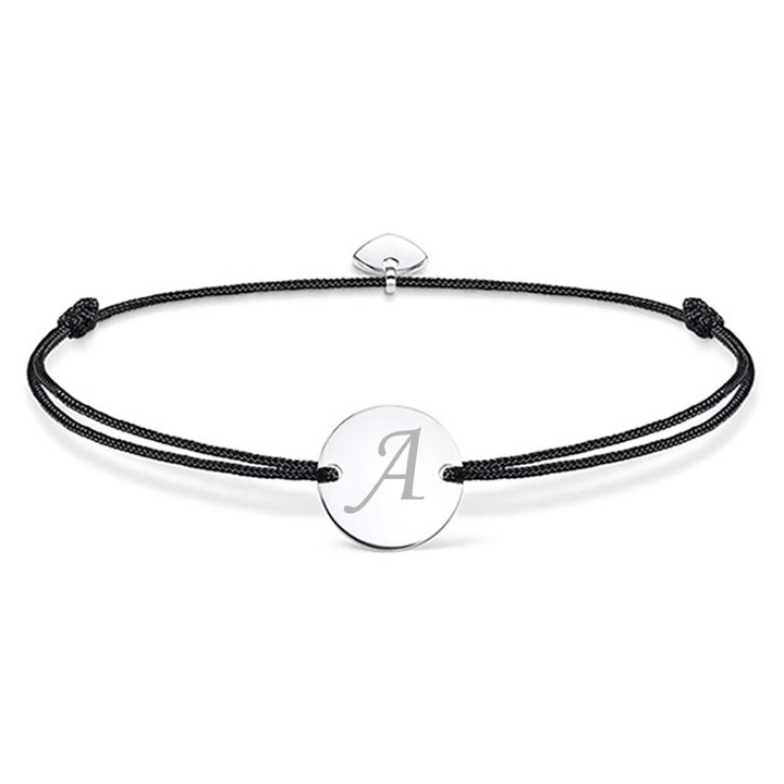 Bratara ajustabila, cu banut rotund si inima, argintiu, gravat litera A, snur negru, Dalimag