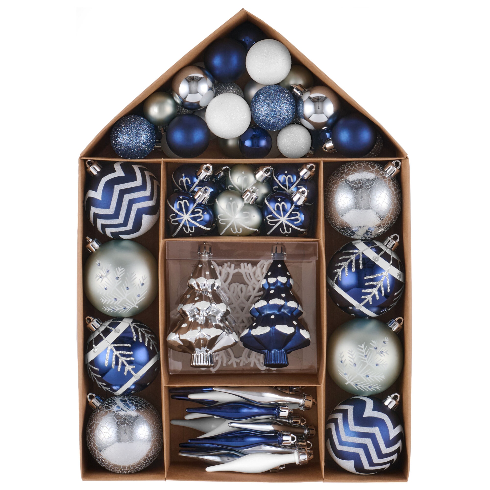 Set 70 de ornamente brad Kring, diverse forme si dimensiuni, Albastru/Alb
