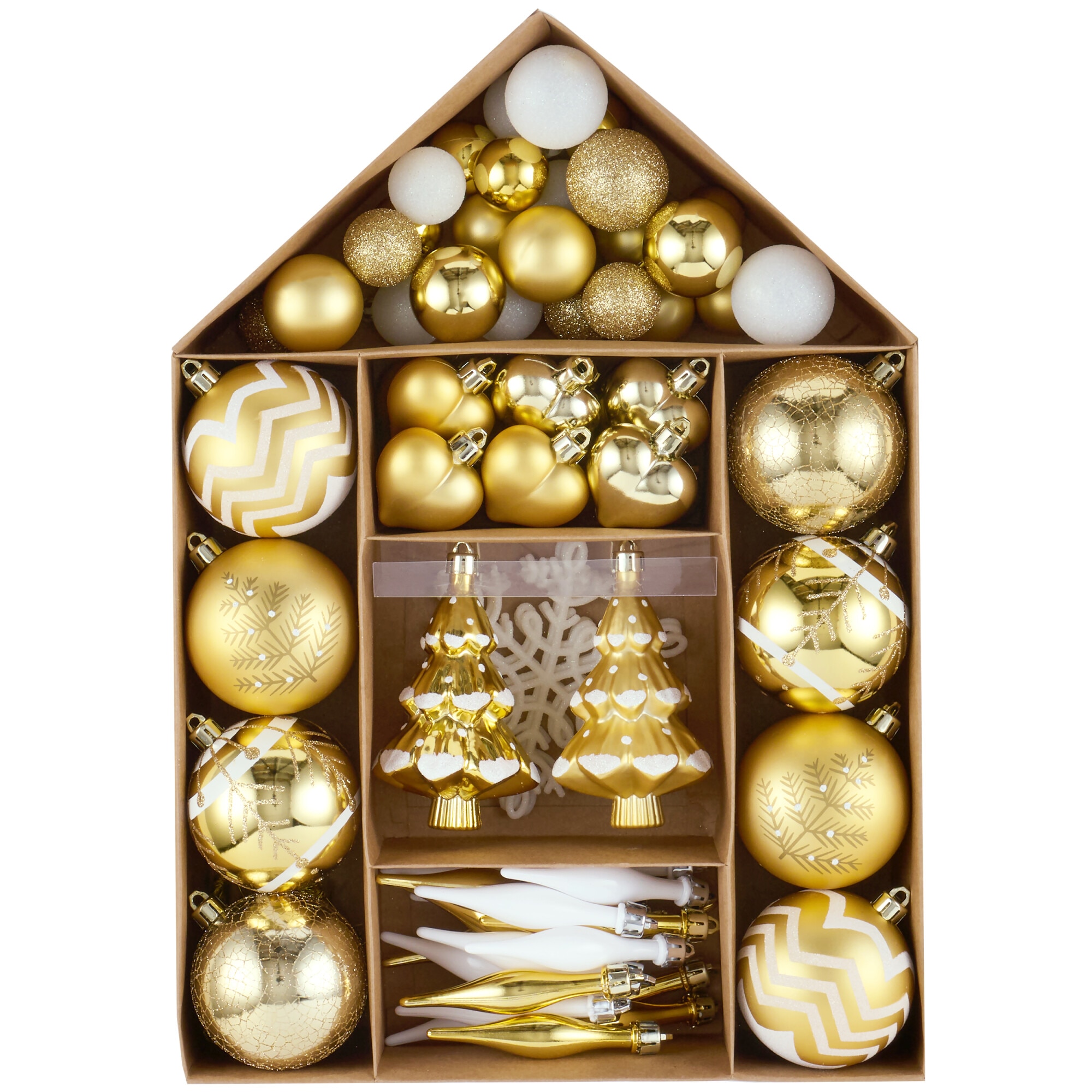 Set 70 de ornamente brad Kring, diverse forme si dimensiuni, Auriu