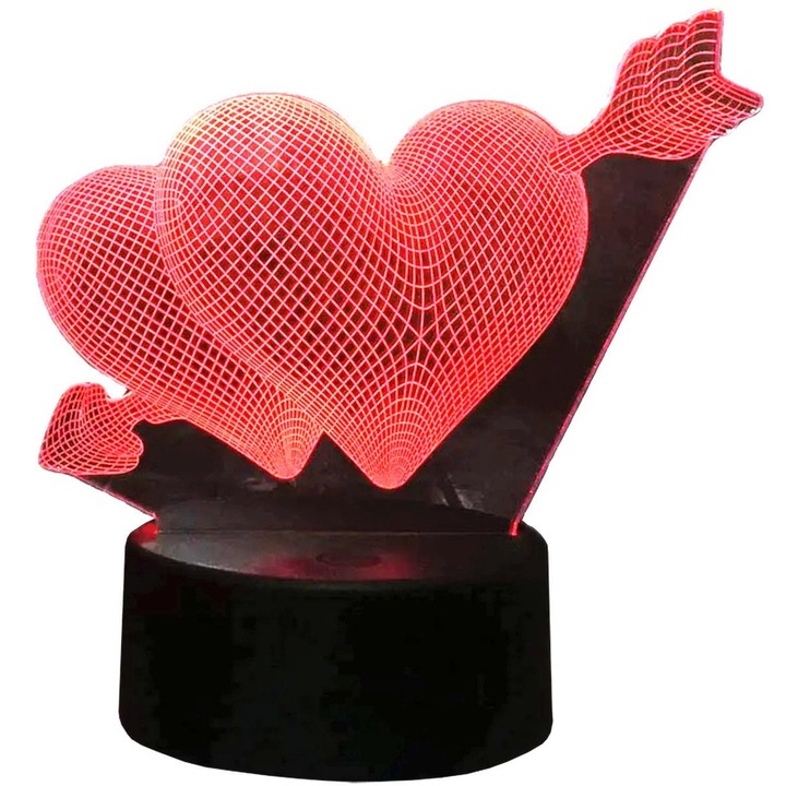 3D нощна лампа, Zola, модел на две сърца, прободени от стрела, LED, RGB, дистанционно управление, 0.5W, пластмаса и акрил, черна