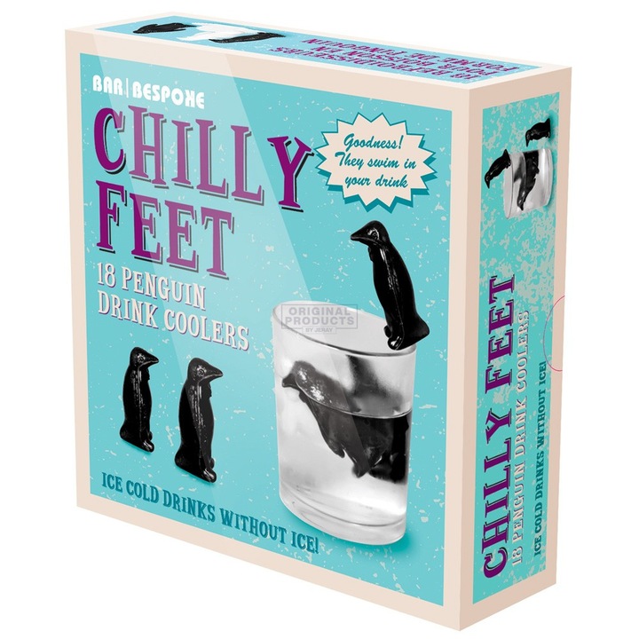 Set 18 pinguini Chilly Feet pentru racit bauturi, plastic, alb negru, 14 x 14 x 5 cm