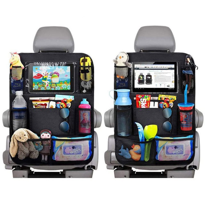 Organizator auto pentru spatele scaunului, Redkid, 9 buzunare, Suport tableta, 2 bucati, Negru