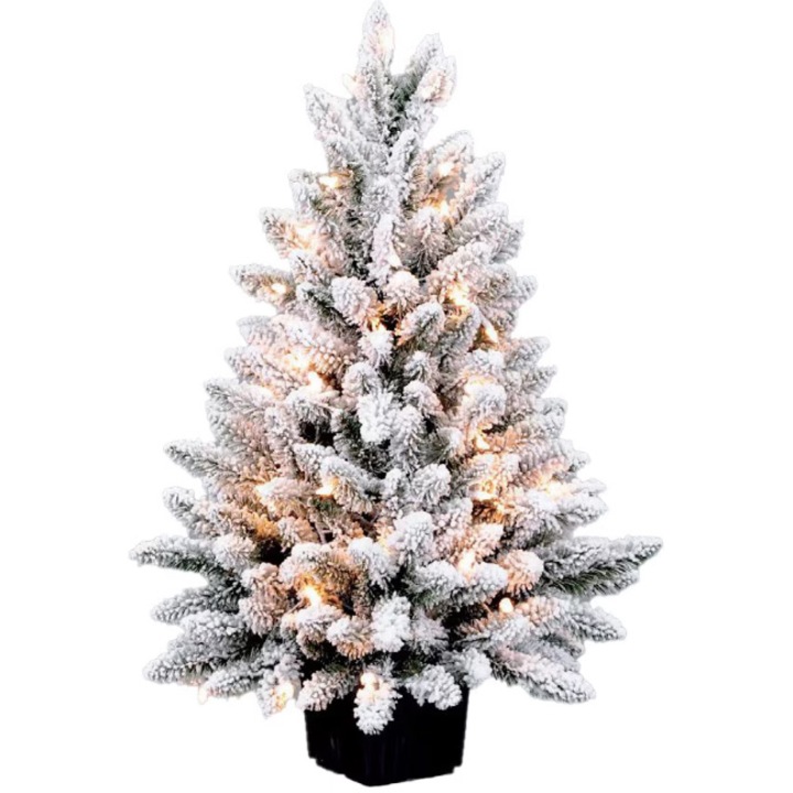 Brad artificial mini Kring Deluxe, aspect nins, 50 LED-uri ( baterii), lumina calda, Alb