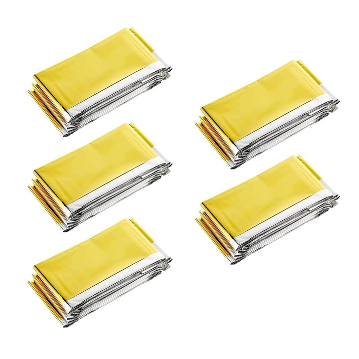 Комплект от 5 спасителни легла, VKK, термо фолио, преносими, многофункционални, 210x160 см, злато/сребро