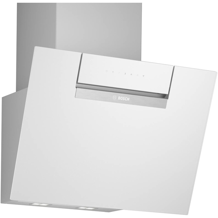 Декоративен абсорбатор за вграждане Bosch DWK67FN20, 3 степени + интензивен, Абсорбционна мощност 768 м3/ч, 60 см, Бяло стъкло