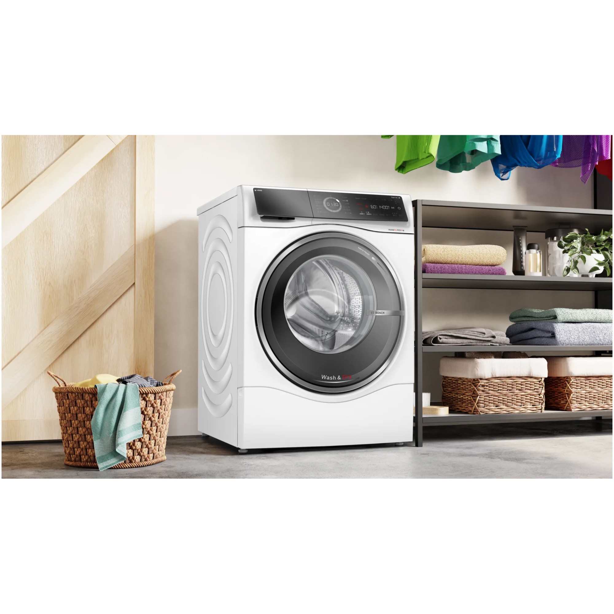 Masina de spalat rufe cu uscator Bosch Seria 8 WNC254A0BY, Spalare 10 kg, Uscare 6 kg, 1400 rpm, Clasa A, i-DOS, Iron Assist, Home Connect, Anti Stain, Auto Dry, Motor EcoSilence Drive, Alb