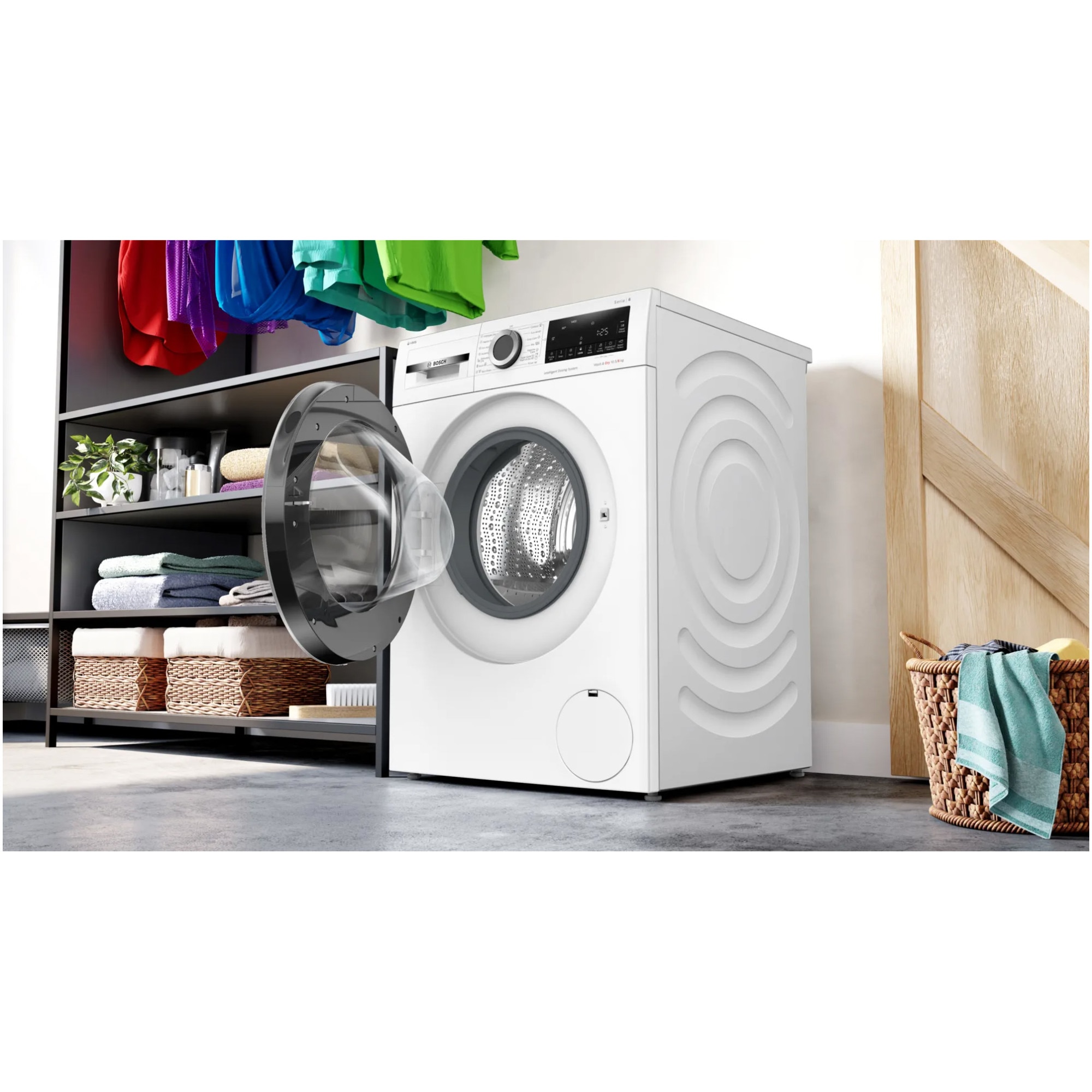 Masina de spalat rufe cu uscator Bosch WNG254A0BY, Spalare 10.5 kg, Uscare 6 kg, Clasa A, i-DOS, Iron Assist, AutoDry, Speed Perfect, Motor EcoSilence Drive, 60 cm, Alb