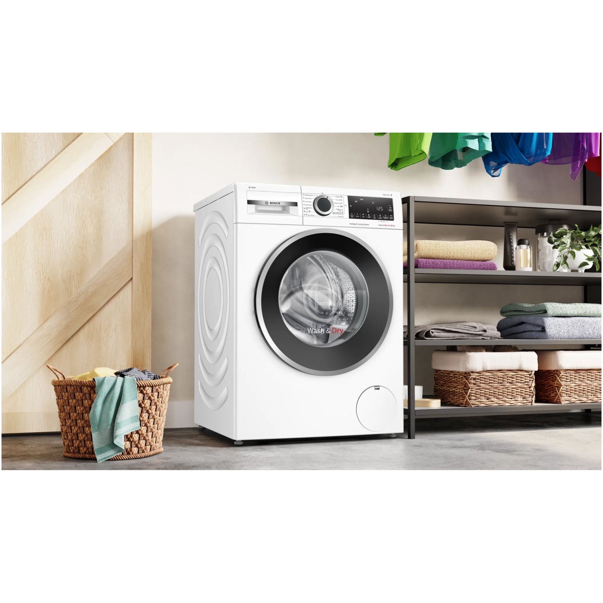 Masina de spalat rufe cu uscator Bosch WNG254A0BY, Spalare 10.5 kg, Uscare 6 kg, Clasa A, i-DOS, Iron Assist, AutoDry, Speed Perfect, Motor EcoSilence Drive, 60 cm, Alb