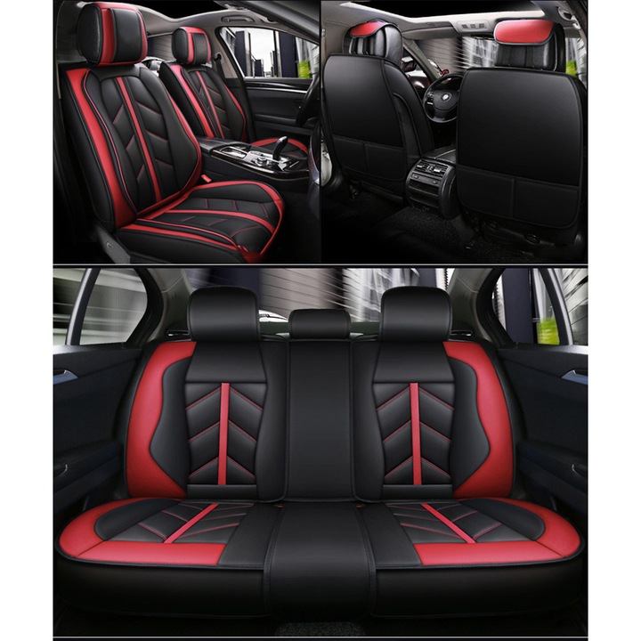 Set Huse Scaune Auto Universale Lux, Sport, Piele Ecologica, Rosu/Negru, 9 piese