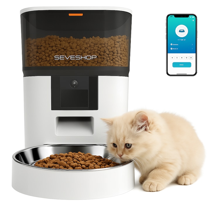 Hranitor Automat SeveShop QQ009, WiFi, Camera Video si Audio, Functie Dozator pentru Caini si Pisici, Adaptor, Sunet Hranire, Programabil, Dispenser Apa Alimentare Dubla, Capacitate 6L, Fantana Animale, Aplicatie pentru Monitorizare, Alb