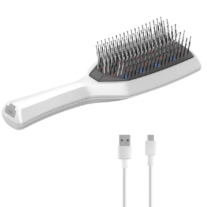 Perie electrica pentru ingrijirea parului si a scalpului, Lucmark, Tratament cu lumini LED impotriva caderii parului, Masaj prin vibratii, Design ergonomic, Alb