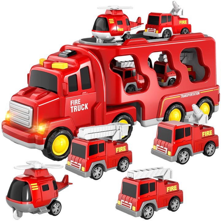 7 в 1 Комплект играчки колички Pull Back, Светлини и музика, MorFansi, Пожарна кола, 2 години+, Червен