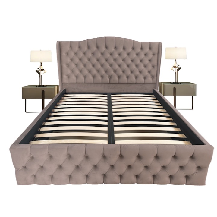 Pat tapitat Doha dublu, Cappuccino, catifea, somiera rabatabila, spatiu depozitare, 160 x 200 cm