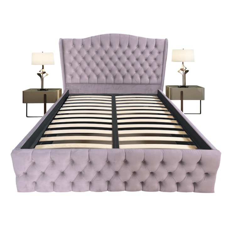 Pat tapitat Doha dublu, Roz, catifea, somiera rabatabila, spatiu depozitare, 140 x 200 cm