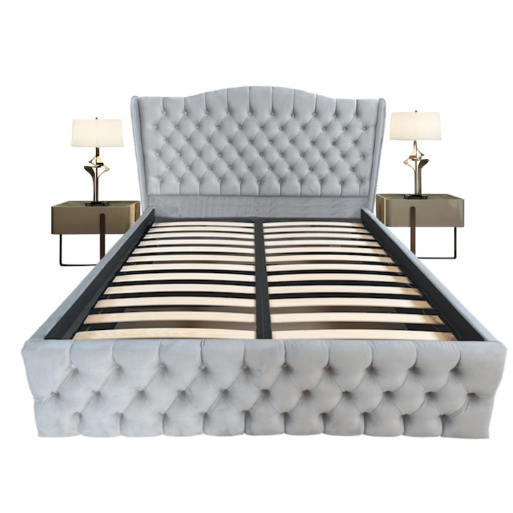 Pat tapitat Doha dublu, Gri deschis, catifea, somiera rabatabila, spatiu depozitare, 200 x 200 cm