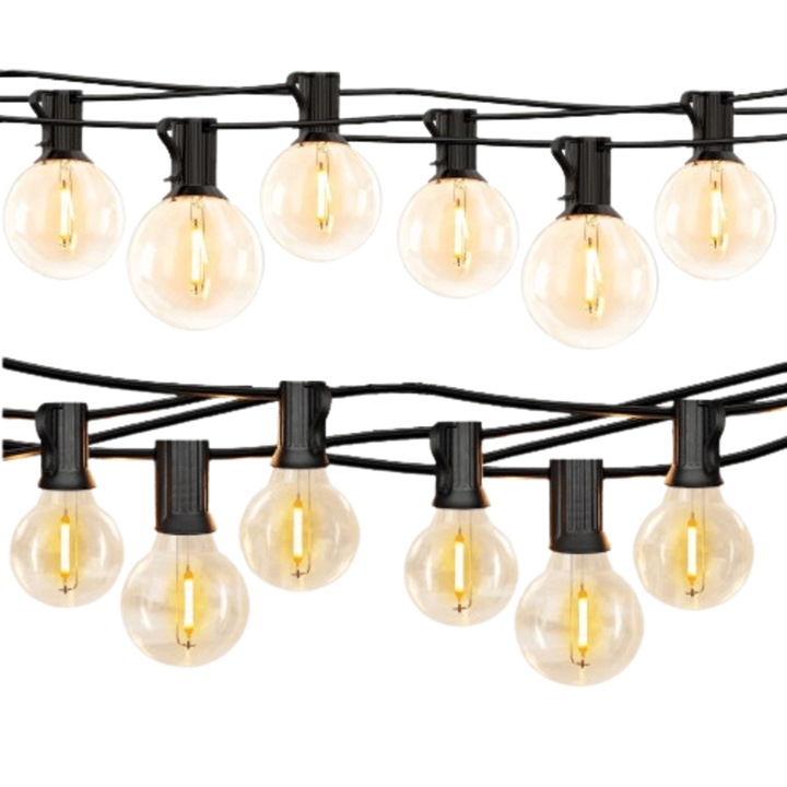 Декоративен светещ гирлянд с LED, 26 м, включени 50+2 G40 LED крушки, удароустойчиви, нечупливи, водоустойчиви, за открито и закрито, свързващи се, топла светлина 2700K