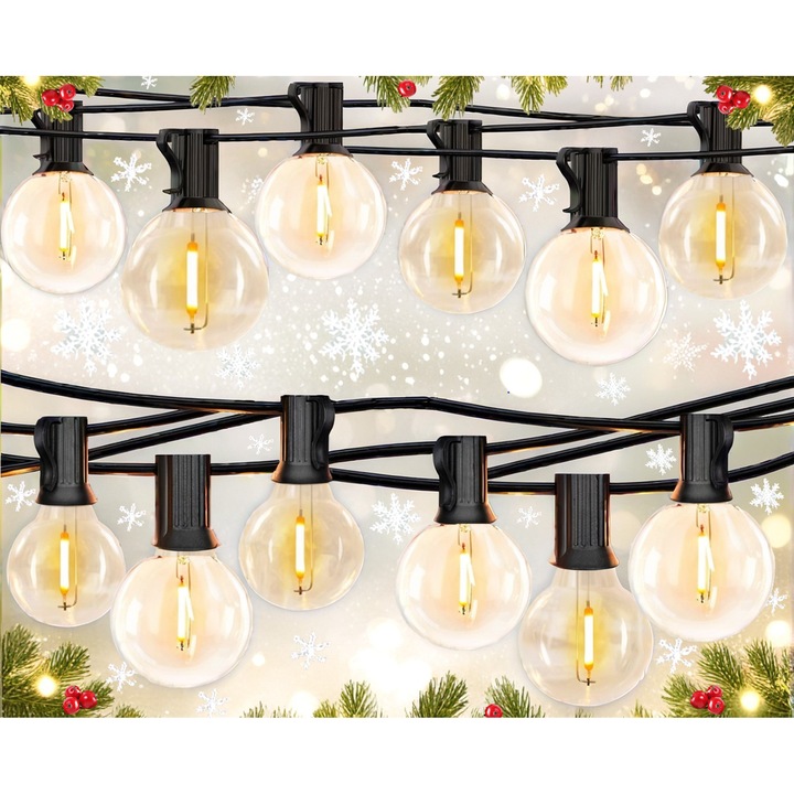 LED dekoratív fényfüzér, 26 m, 50+2 G40 LED izzó, ütésálló, törésálló, vízálló, kültéri beltéri, összekapcsolható, meleg fény 2700K, alkalmas kertre, teraszra, tornácra, pavilonra, rendezvényekre, bulira, minden évszakban