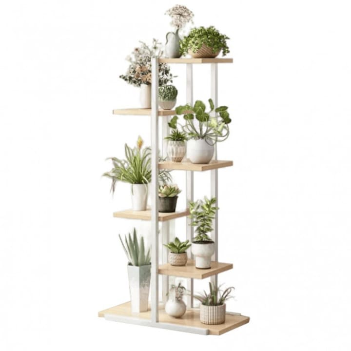Stand vertical de flori, metalic, alb, 6 etajere lemn, pentru interior, balcon, exterior, 113 x 40 x 20 cm