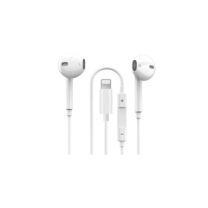 Casti in ear pentru iPhone/iPad, cu mufa Lightning, c, microfon incorporabil, Alb