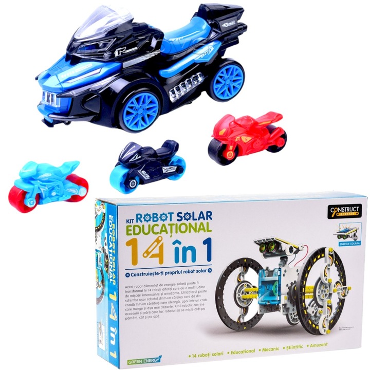 Set kit robot solar, 14 in 1, cu jucarie motocicleta kidsNplay, cu lansatoare 3 mini motociclete, sunet si lumini, 03 ani+