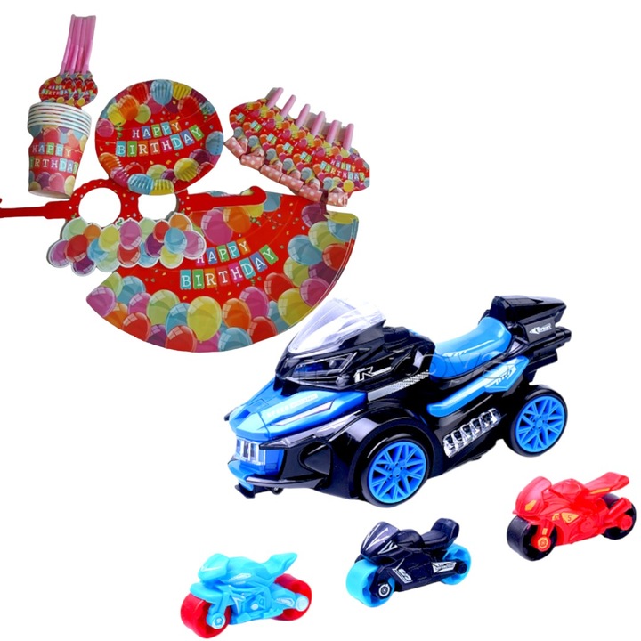 Set jucarie motocicleta kidsNplay, cu lansatoare 3 mini motociclete, sunet si lumini, cu set petrecere copii, 36 piese, 03 ani+