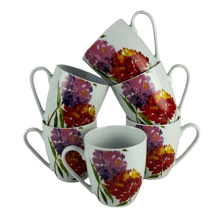 Комплект 6 чаши, 300 мл, Cesiro, Porcelain, Бяла с червени и лилави цветя
