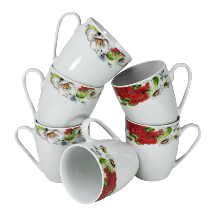 Set 6 cani, 300 ml, Cesiro, Portelan, Alb cu Motive Florale Rosii