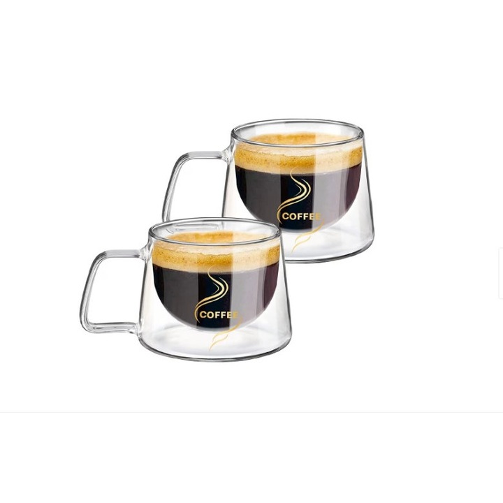 Set 2 cesti de cafea din sticla, 200 ml cu pereti dubli termorezistenti