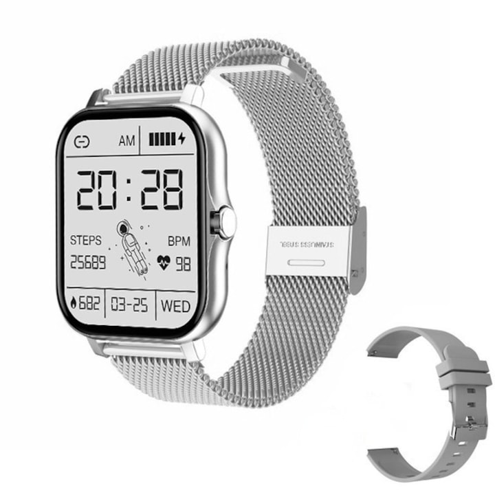 Set Smartwatch, SIHOiSi, Y13, Ritm Cardiac, NFC, Otel/Silicon, 1.69 inch, Argintiu