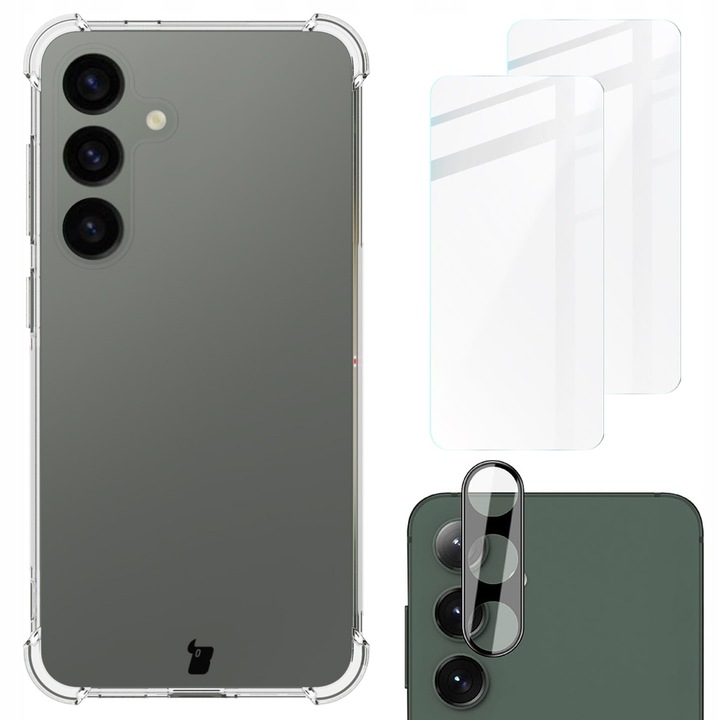 Комплект Капак за телефон + 2x стъкло + леща, Bizon, Clear Pack, Модел, съвместим с Galaxy S24, Transparent