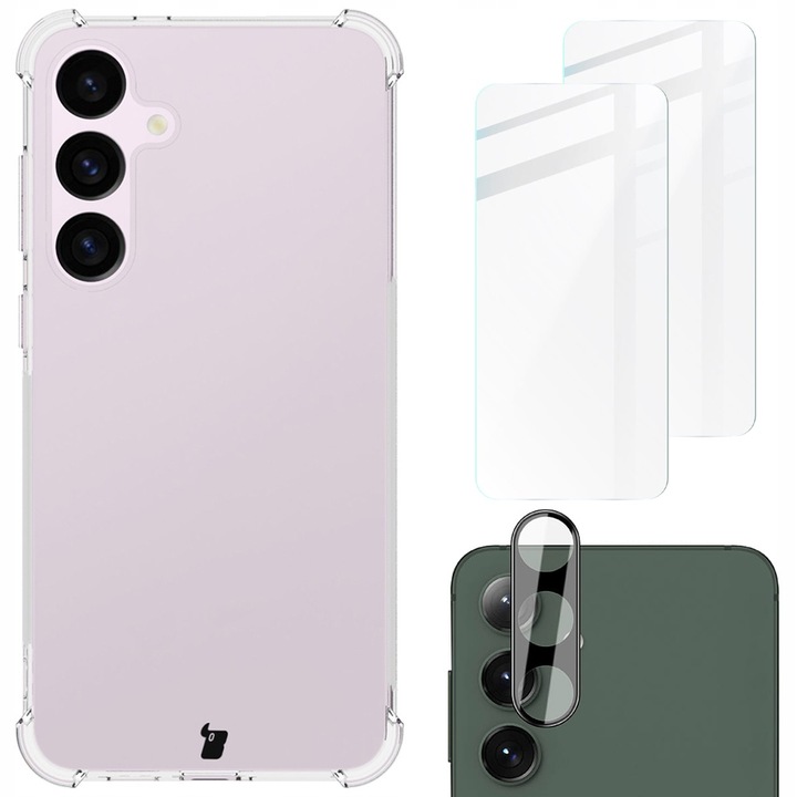 Комплект Капак за телефон + 2x стъкло + леща, Bizon, Clear Pack, Модел, съвместим с Galaxy S24 Plus, Transparent