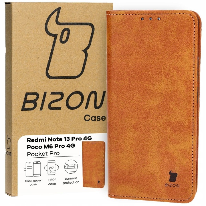 Калъф за телефон, Bizon, Pocket Pro, Модел, съвместим с Xiaomi Redmi Note 13 Pro 4G / Xiaomi Poco M6 Pro 4G, Кафяв