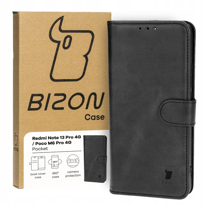 Калъф за телефон, Bizon, Pocket, Модел, съвместим с Xiaomi Redmi Note 13 Pro 4G / Xiaomi Poco M6 Pro 4G, Черен