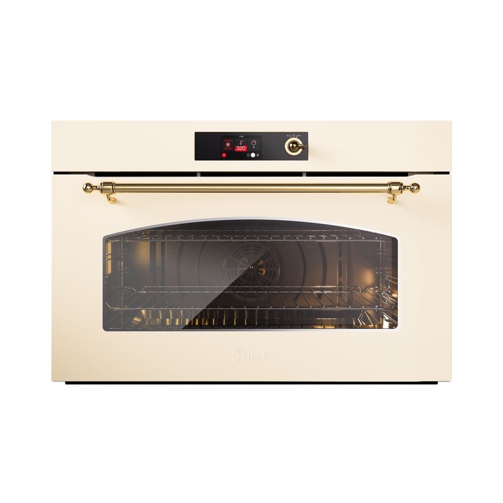 Cuptor electric incorporabil XXL premium ILVE, Nostalgie, 110 litri, clasa A, 90 cm, autocuratare hidrolitica, 11 programe prestabilite, functie pizza, mod Eco, ventilatie tangentiala, convectie comutabila, umiditate reglabila, termosonda, crem/auriu