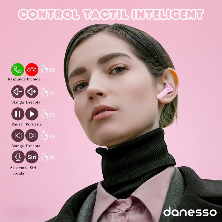 Casti Wireless In Ear, Danesso® Audio, Fara fir, Afisaj Digital LED, Bluetooth 5.0, Microfon Dual, Control Tactil Inteligent, Anulare Zgomot, Rezistente la apa, Sport, Compatibilitate Universala, Roz