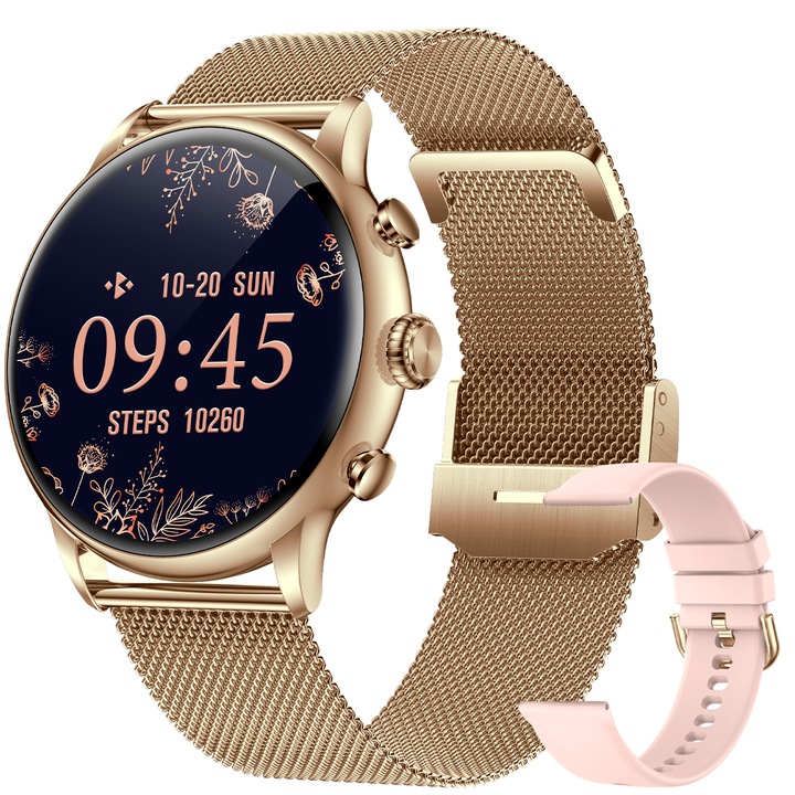 Смарт часовник, 1,43 инча, водоустойчив, 2 каишки, златист / розов