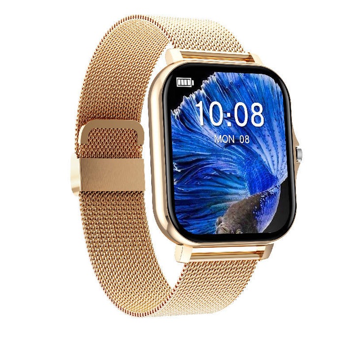Ceas Smartwatch Bratara Fitness, H13, Apel Vocal Alerta SMS Monitorizare Somn Alarma WhatsApp Telegram Messenger Ritm Cardiac Metalic Silicon Bluetooth, Auriu