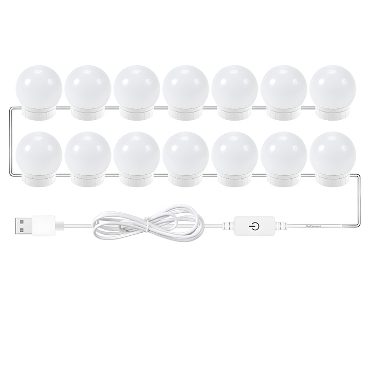 Комплект от 14 LED крушки OnXsmart® за огледало за грим, холивудски стил, 3 режима на осветяване за перфектен грим, огледало с LED огледало, USB зареждане